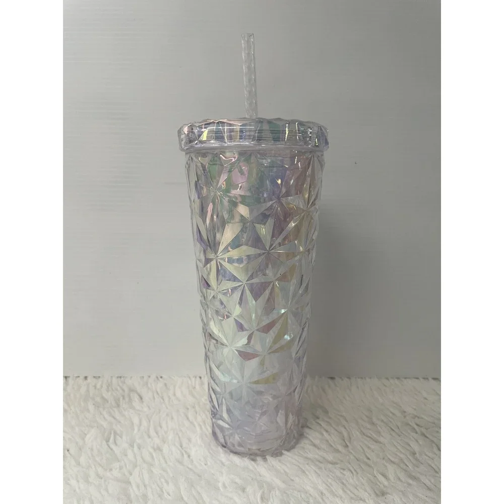 Iridescent Geometric Prism Tumbler with Lid and Straw Holographic Cold Cup‎ 24oz